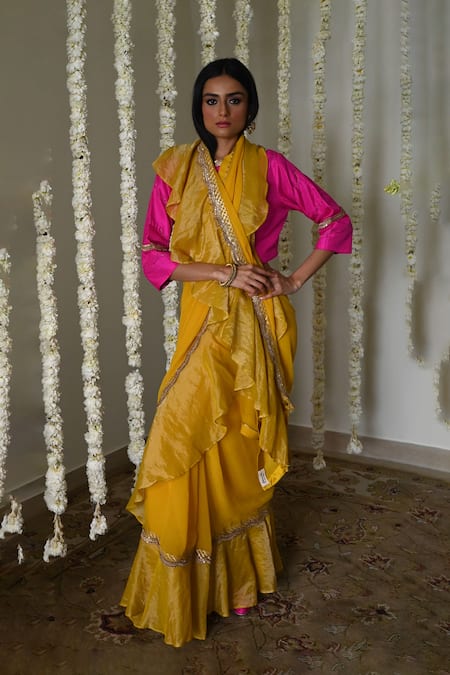 Buy_Shorshe Clothing_Yellow Chiffon, Tissue Lace Ruffle Saree With Trims 