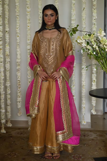 Shorshe Clothing Hot Pink Organza Dupatta with Lace Trims 