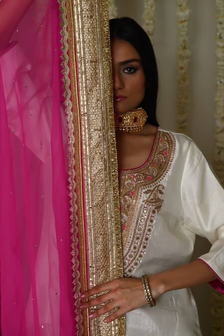 Shop_Shorshe Clothing_Pink Organza Lace, Embroidery Hot Dupatta With Trims _Online_at_Aza_Fashions