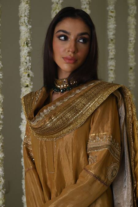 Shorshe Clothing_Gold Tissue Lace Handwoven Trim Dupatta _Online_at_Aza_Fashions
