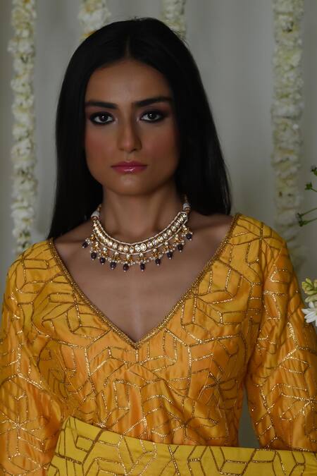 Shorshe Clothing_Yellow Chanderi Embroidery, Lace V-neck Octa Gota Blouse _Online_at_Aza_Fashions