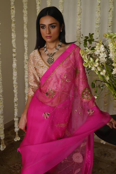 Shorshe Clothing_Ivory Chanderi Embroidery, Lace Round Neck Octa Gota Blouse _Online_at_Aza_Fashions