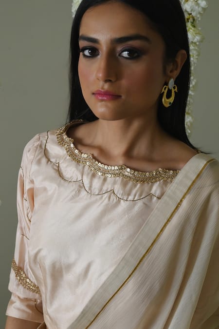 Shorshe Clothing_Ivory Silk Lace, Embroidery Scoop Neck Deep Hand Blouse _Online_at_Aza_Fashions