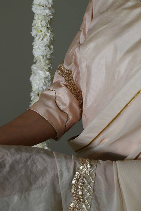 Buy_Shorshe Clothing_Ivory Silk Lace, Embroidery Scoop Neck Deep Hand Blouse _Online_at_Aza_Fashions