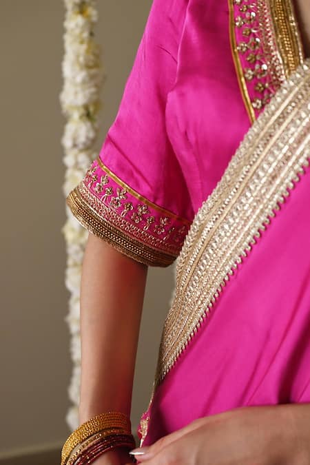 Shorshe Clothing_Pink Satin Lace Round Neck Laddoo Silk Blouse With Trims _Online_at_Aza_Fashions