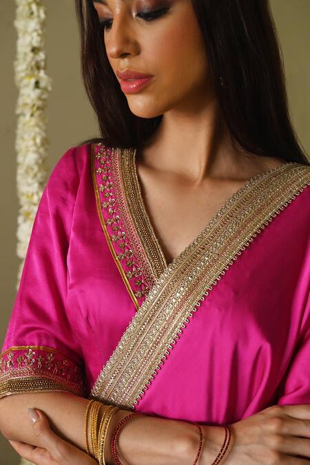 Buy_Shorshe Clothing_Pink Satin Lace Round Neck Laddoo Silk Blouse With Trims _Online_at_Aza_Fashions