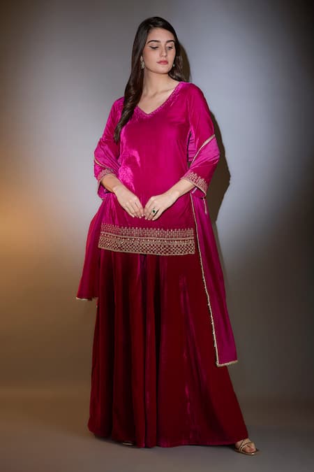 Shop House Of TA-YA Pink Viscose, Velvet Lace, Embroidery V-neck Kurta And Gharara Set Online at Aza Fashions Shop_House Of TA-YA_Pink Viscose, Velvet Lace, Embroidery V-neck Kurta And Gharara Set _Online_at_Aza_Fashions
