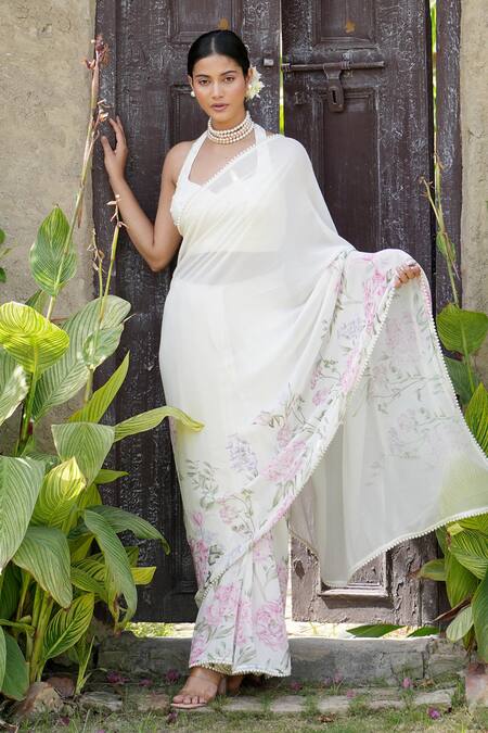 Buy_House Of TA-YA_Off White Georgette, , Silk, Satin Floral Print Saree With Blouse 