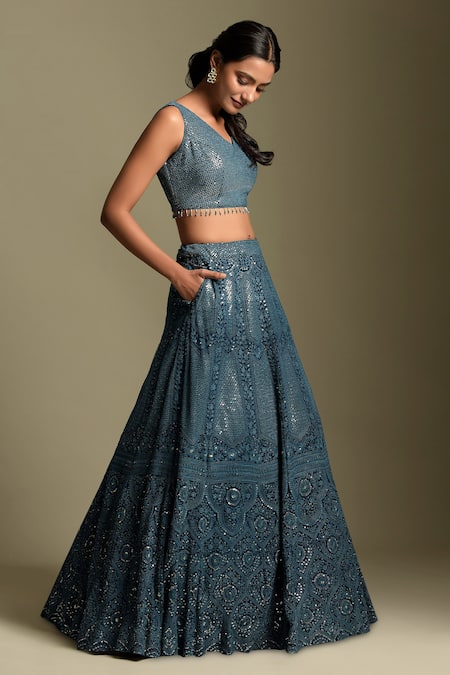 Buy_Two Sisters By Gyans_Blue Net, Georgette Sequins V Neck Embellished Monotone Lehenga Set _Online_at_Aza_Fashions