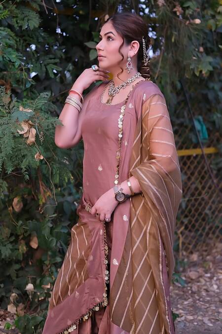 Shop Monk & Mei By Sonia Anand Brown Organza, Silk, Brocade Straight Leaf Butti Pattern Kurta And Sharara Set Shop_Monk & Mei By Sonia Anand_Brown Organza, Silk, Brocade Straight Leaf Butti Pattern Kurta And Sharara Set
