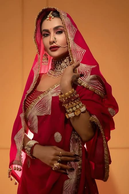 Buy_Monk & Mei By Sonia Anand_Fuchsia Organza, Velvet, Silk Tassels, Gota Patti, Embroidery Scoop Lehenga Set 