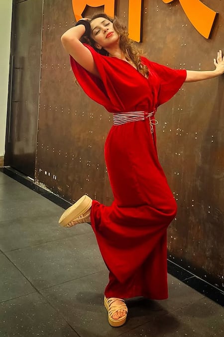 Monk & Mei By Sonia Anand_Red Velvet Gota Patti V-neck Crimson Embroidered Jumpsuit With Belt _at_Aza_Fashions