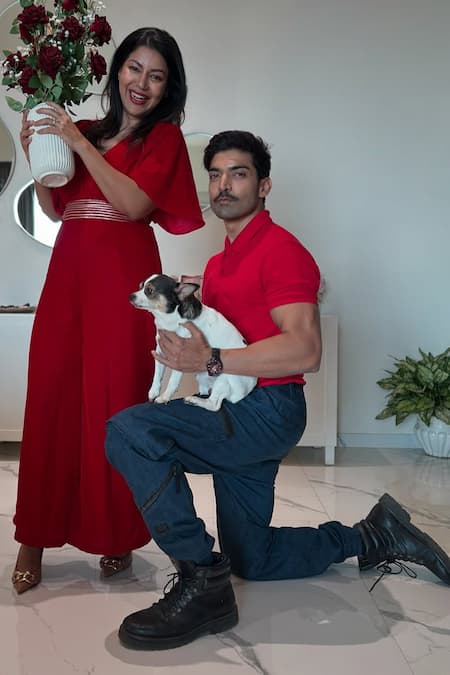 Shop_Monk & Mei By Sonia Anand_Red Velvet Gota Patti V-neck Crimson Embroidered Jumpsuit With Belt 