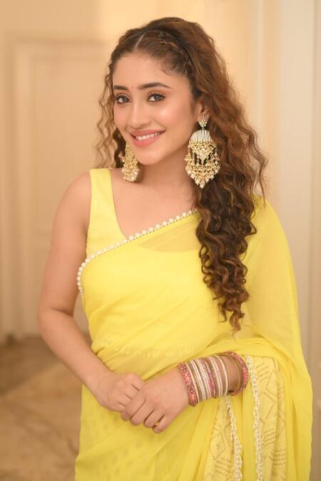 Shop_Monk & Mei By Sonia Anand_Yellow Georgette, Linen Pearls, Sequins, Leaf Woven Pre-draped Saree With Blouse 