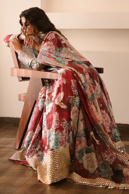 Monk & Mei By Sonia Anand Maroon Georgette Mirrors, Embroidery Amber Floral Print Anarkali With Dupatta at Aza Fashions Monk & Mei By Sonia Anand_Maroon Georgette Mirrors, Embroidery Amber Floral Print Anarkali With Dupatta _at_Aza_Fashions