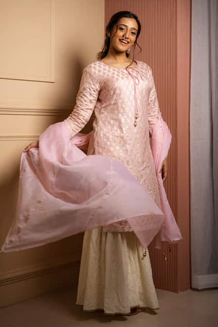 Monk & Mei By Sonia Anand_Pink Denim, Rayon, Chiffon Embroidery, Kumudini Brocade Kurta Sharara Set _at_Aza_Fashions