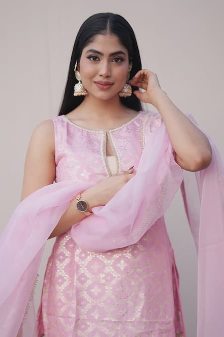 Shop_Monk & Mei By Sonia Anand_Pink Brocade Pearls Round Neck Vani Flower Pattern Kurta Sharara Set 