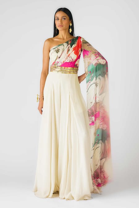 Buy_Basanti Kapde aur Koffee_Ivory Crepe Beads, Embroidery Asymmetric Embellished Jumpsuit _Online_at_Aza_Fashions