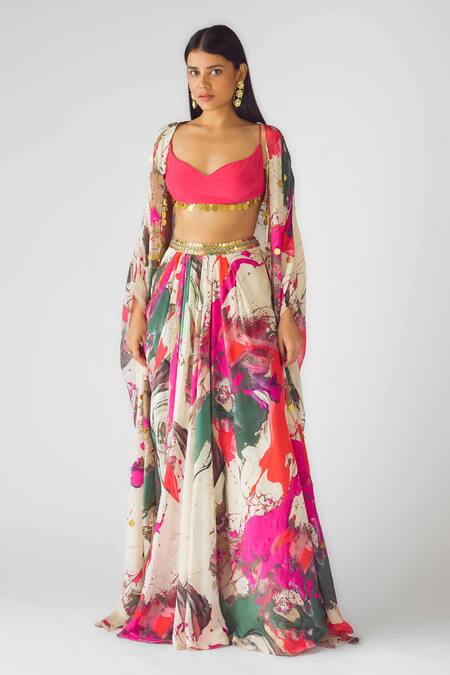 Basanti - Kapde Aur Koffee Pink Crepe Beads Sweetheart Neck Embroidered Cape Set Online at Aza Fashions Basanti - Kapde Aur Koffee_Pink Crepe Beads Sweetheart Neck Embroidered Cape Set_Online_at_Aza_Fashions