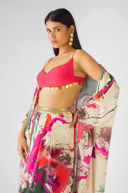 Buy Basanti - Kapde Aur Koffee Pink Crepe Beads Sweetheart Neck Embroidered Cape Set Buy_Basanti - Kapde Aur Koffee_Pink Crepe Beads Sweetheart Neck Embroidered Cape Set