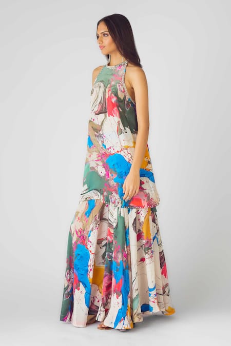 Buy_Basanti - Kapde Aur Koffee_Ivory Crepe Crystals, Beads Halter Neck Embellished Sharara Set _Online_at_Aza_Fashions