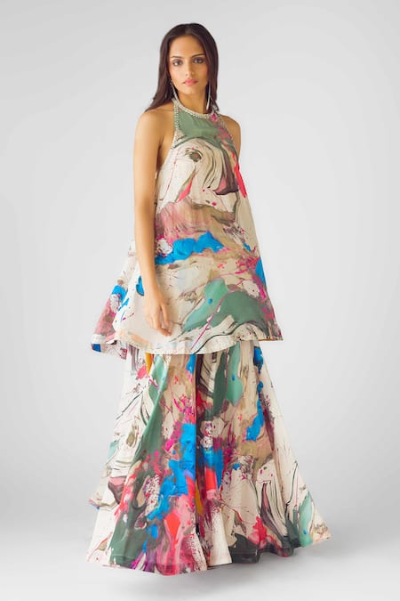 Shop_Basanti - Kapde Aur Koffee_Ivory Crepe Crystals, Beads Halter Neck Embellished Sharara Set _Online_at_Aza_Fashions