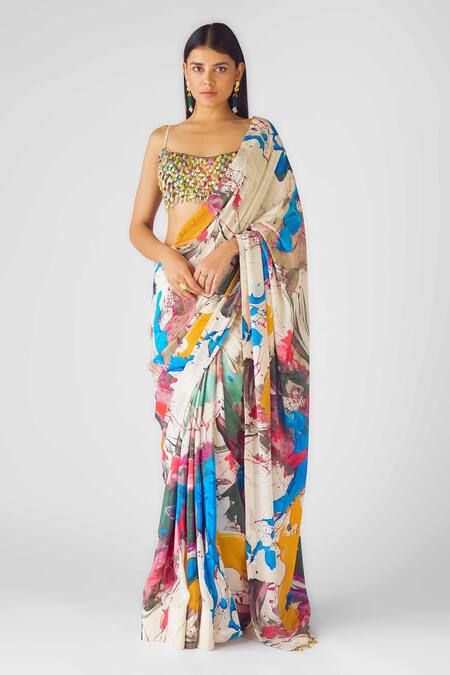 Basanti - Kapde Aur Koffee Multi Color Crepe Sequins Square Neck Embroidered Saree Set Online at Aza Fashions Basanti - Kapde Aur Koffee_Multi Color Crepe Sequins Square Neck Embroidered Saree Set_Online_at_Aza_Fashions