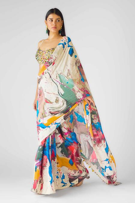 Buy Basanti - Kapde Aur Koffee Multi Color Crepe Sequins Square Neck Embroidered Saree Set Online at Aza Fashions Buy_Basanti - Kapde Aur Koffee_Multi Color Crepe Sequins Square Neck Embroidered Saree Set_Online_at_Aza_Fashions