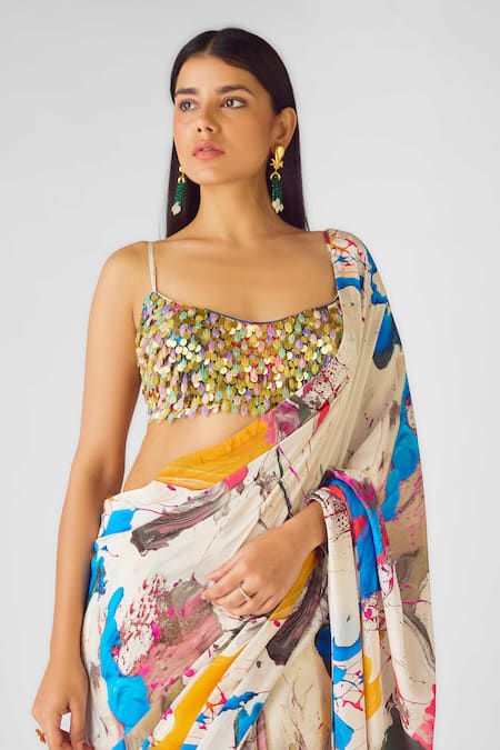 Shop Basanti - Kapde Aur Koffee Multi Color Crepe Sequins Square Neck Embroidered Saree Set Online at Aza Fashions Shop_Basanti - Kapde Aur Koffee_Multi Color Crepe Sequins Square Neck Embroidered Saree Set_Online_at_Aza_Fashions