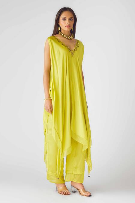 Basanti - Kapde Aur Koffee_Yellow Modal, Satin Sequins V-neck Embellished Kaftan And Pants Set_Online_at_Aza_Fashions