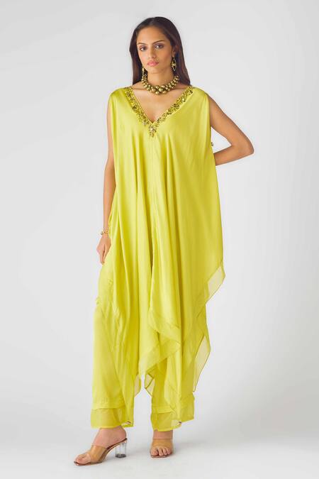 Buy_Basanti - Kapde Aur Koffee_Yellow Modal, Satin Sequins V-neck Embellished Kaftan And Pants Set_Online_at_Aza_Fashions
