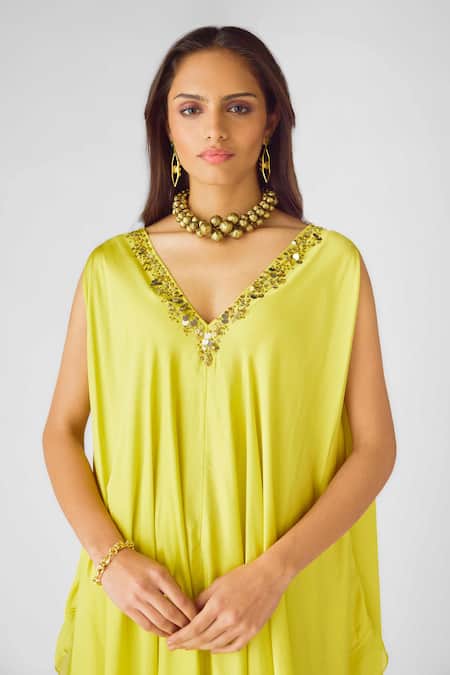 Shop_Basanti - Kapde Aur Koffee_Yellow Modal, Satin Sequins V-neck Embellished Kaftan And Pants Set_Online_at_Aza_Fashions