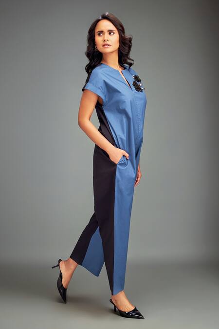 Buy_Deepika Arora_Blue Cotton Round Neck Two-tone Modern Jumpsuit _Online_at_Aza_Fashions