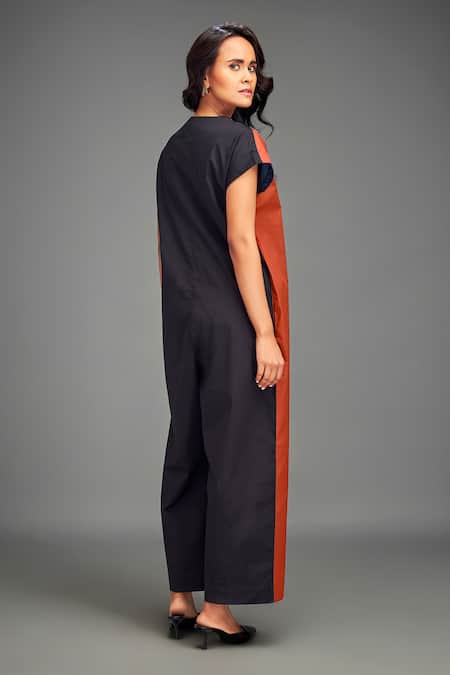 Shop_Deepika Arora_Rust Cotton Round Neck Two-tone Cap Sleeve Jumpsuit _at_Aza_Fashions