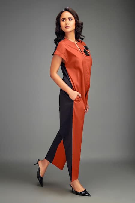 Deepika Arora_Rust Cotton Round Neck Two-tone Cap Sleeve Jumpsuit _Online_at_Aza_Fashions