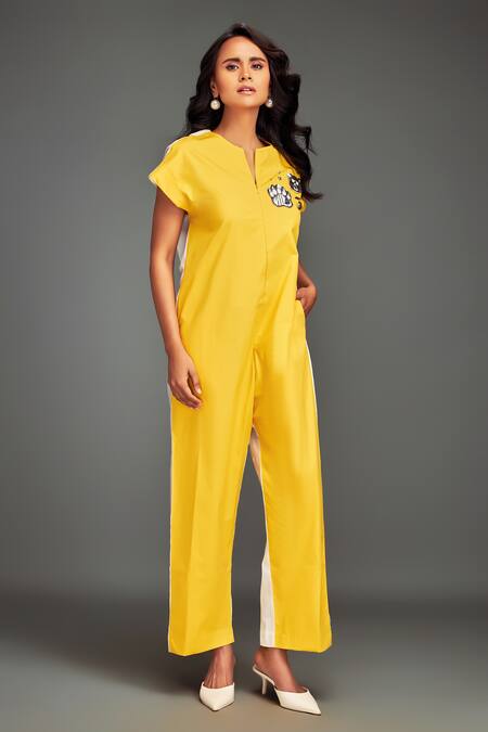 Buy_Deepika Arora_Yellow Cotton Round Neck Two-tone Cap Sleeve Jumpsuit _Online_at_Aza_Fashions