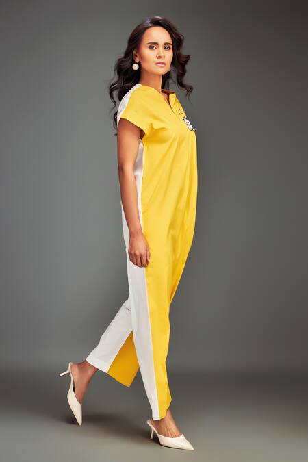 Shop_Deepika Arora_Yellow Cotton Round Neck Two-tone Cap Sleeve Jumpsuit _Online_at_Aza_Fashions