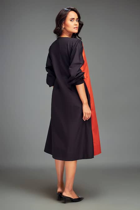 Shop_Deepika Arora_Rust Cotton Embroidery V-neck Color Blocked Midi Dress _at_Aza_Fashions