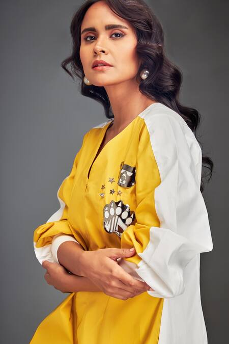 Deepika Arora Yellow Cotton Embroidery V-neck Color-blocked Midi Dress With Embellishments Online at Aza Fashions Deepika Arora_Yellow Cotton Embroidery V-neck Color-blocked Midi Dress With Embellishments _Online_at_Aza_Fashions