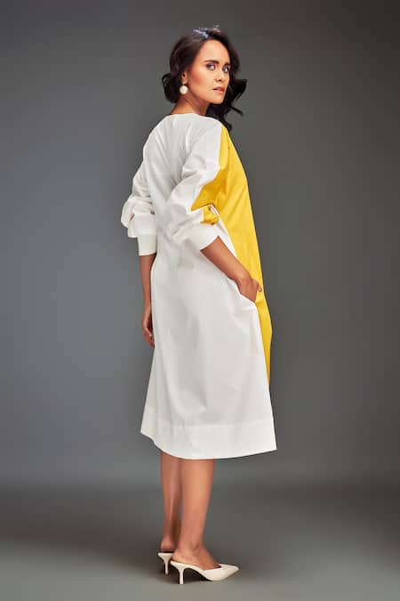 Shop Deepika Arora Yellow Cotton Embroidery V-neck Color-blocked Midi Dress With Embellishments at Aza Fashions Shop_Deepika Arora_Yellow Cotton Embroidery V-neck Color-blocked Midi Dress With Embellishments _at_Aza_Fashions