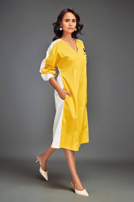 Buy Deepika Arora Yellow Cotton Embroidery V-neck Color-blocked Midi Dress With Embellishments Online at Aza Fashions Buy_Deepika Arora_Yellow Cotton Embroidery V-neck Color-blocked Midi Dress With Embellishments _Online_at_Aza_Fashions