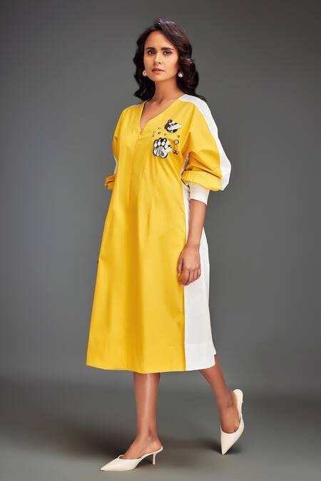 Shop Deepika Arora Yellow Cotton Embroidery V-neck Color-blocked Midi Dress With Embellishments Online at Aza Fashions Shop_Deepika Arora_Yellow Cotton Embroidery V-neck Color-blocked Midi Dress With Embellishments _Online_at_Aza_Fashions