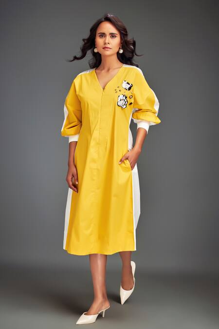 Deepika Arora Yellow Cotton Embroidery V-neck Color-blocked Midi Dress With Embellishments at Aza Fashions Deepika Arora_Yellow Cotton Embroidery V-neck Color-blocked Midi Dress With Embellishments _at_Aza_Fashions