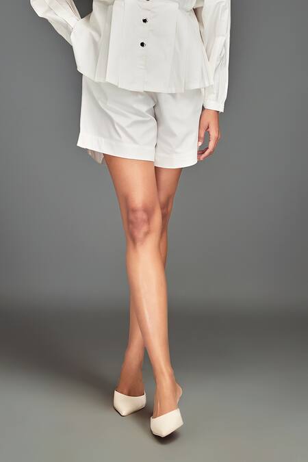 Deepika Arora_White Cotton Sequins Collared Button-down Shirt And Tailored Shorts Set _Online_at_Aza_Fashions