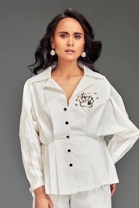 Shop_Deepika Arora_White Cotton Sequins Collared Button-down Shirt And Tailored Shorts Set _Online_at_Aza_Fashions