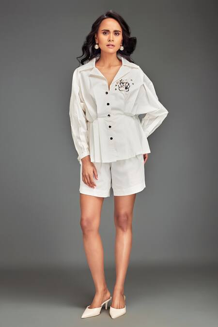Deepika Arora_White Cotton Sequins Collared Button-down Shirt And Tailored Shorts Set _at_Aza_Fashions