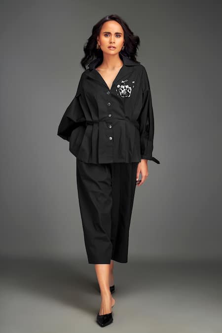 Shop_Deepika Arora_Black Cotton Metallic Thread Collared Structured Co-ord Set _Online_at_Aza_Fashions