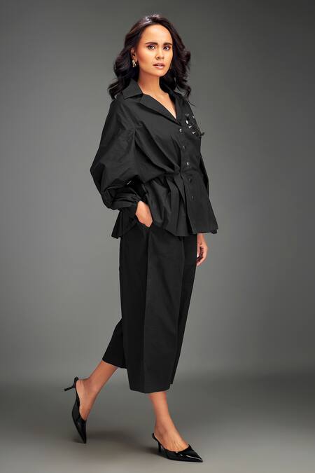 Deepika Arora_Black Cotton Metallic Thread Collared Structured Co-ord Set _at_Aza_Fashions