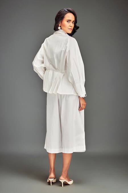 Buy_Deepika Arora_White Cotton Metallic Thread Collared, V-neck Structured Co-ord Set _Online_at_Aza_Fashions