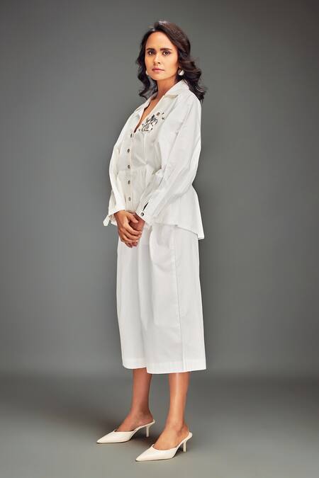 Shop_Deepika Arora_White Cotton Metallic Thread Collared, V-neck Structured Co-ord Set _Online_at_Aza_Fashions